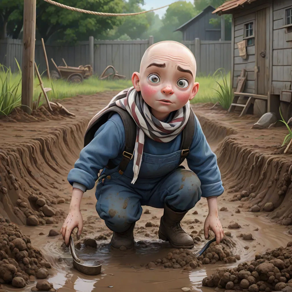 a cartoon character is digging in the mud with a shovel and fork in his hand, with a house in the background, fantastic realism, a detailed matte painting, Andrey Esionov, highly detailed digital painting