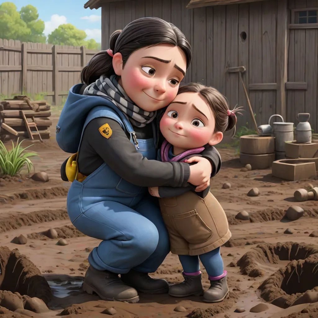 a woman holding a child in a muddy yard with a shed in the background and a wooden fence in the background, sots art, a poster, Anne Said, pixar and disney animation