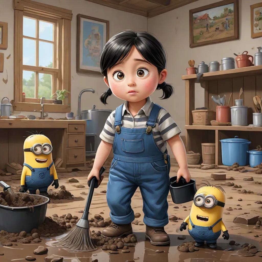 a cartoon character is cleaning the floor with a broom and a minion is behind him and a bucket of dirt, action painting, a detailed matte painting, Chen Lin, pixar and disney animation