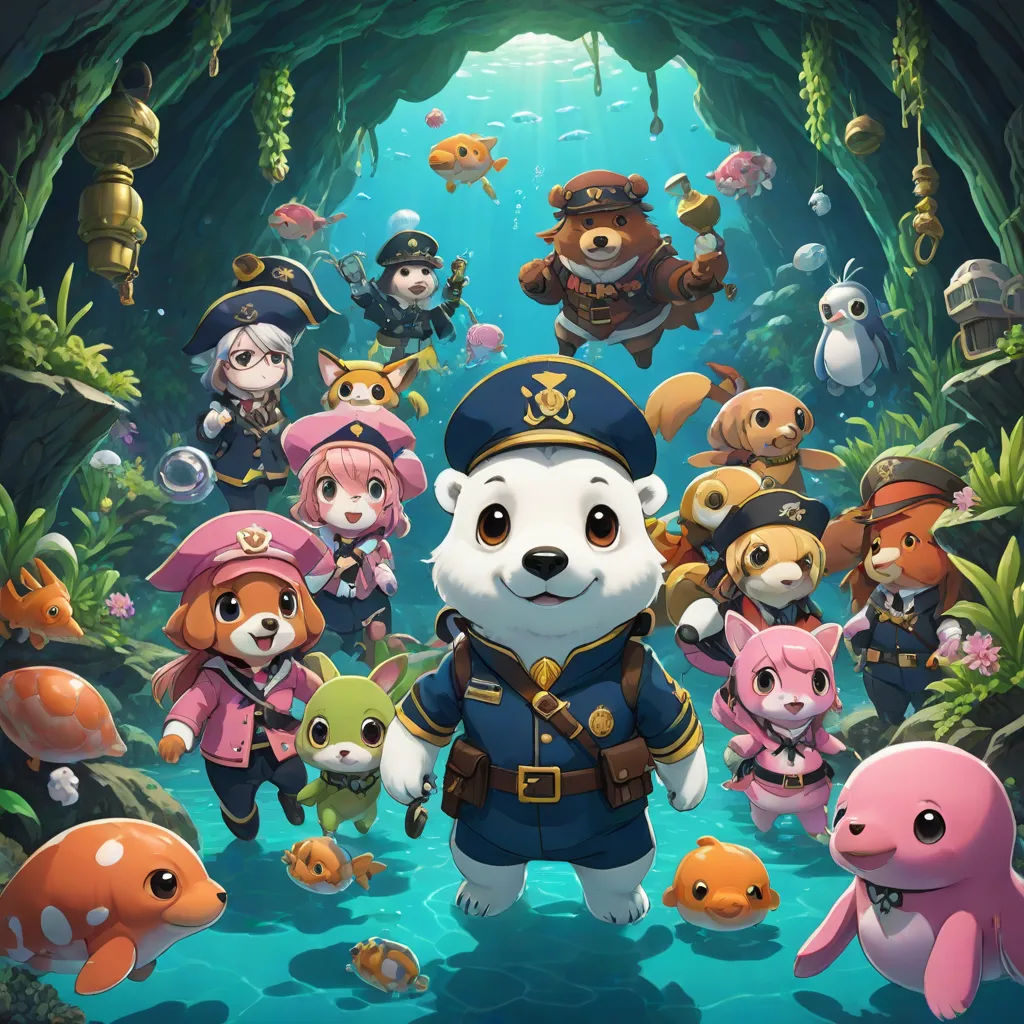 a group of cartoon animals standing in a cave with a pirate hat on and a sea creature in the background, a storybook illustration, Cui Bai, furry art, key art