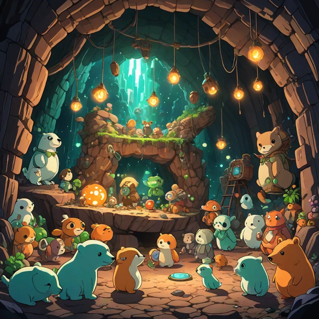 a bunch of animals that are in a cave with lights on them and a stone floor with a stone arch, a cave painting, Chris LaBrooy, fantasy art, rossdraws global illumination