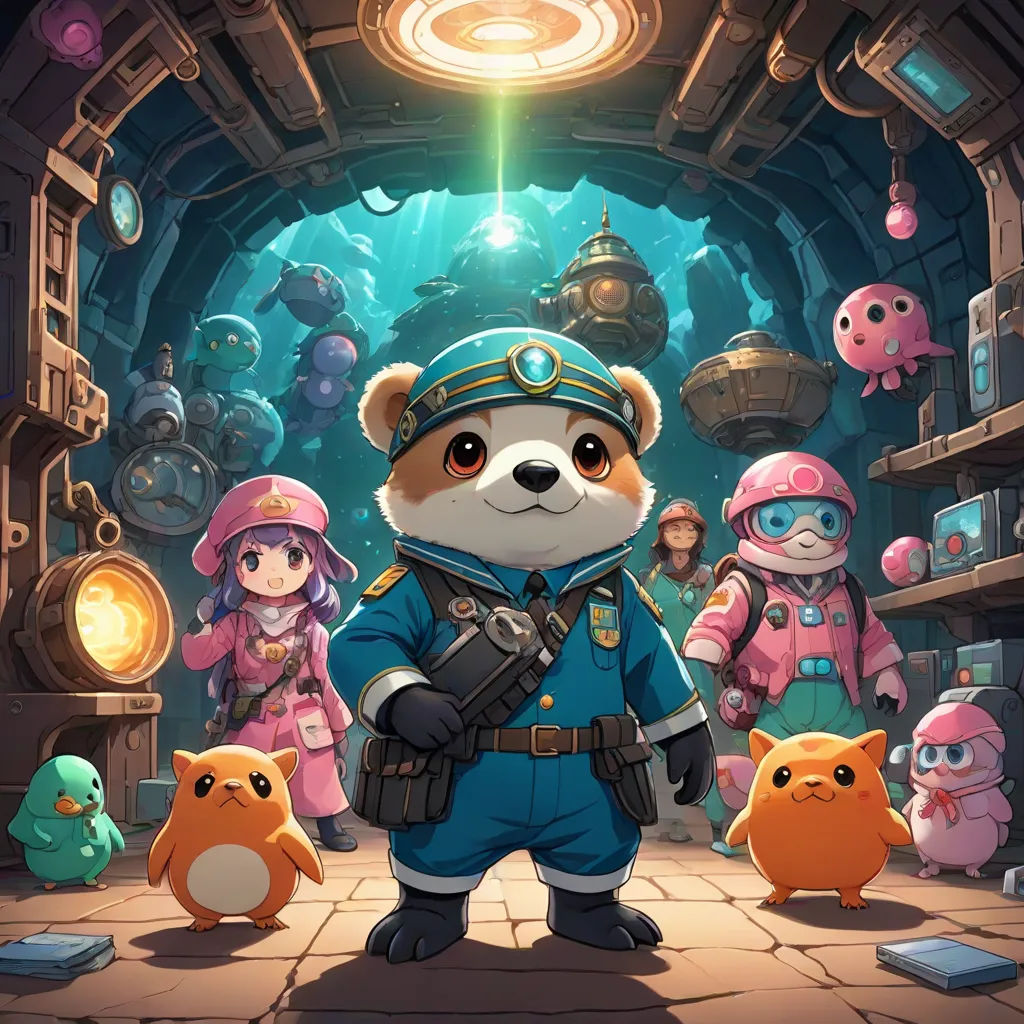 a cartoon character standing in a room with other characters in the background and a light above them that is a tunnel, concept art, Fan Qi, space art, official art