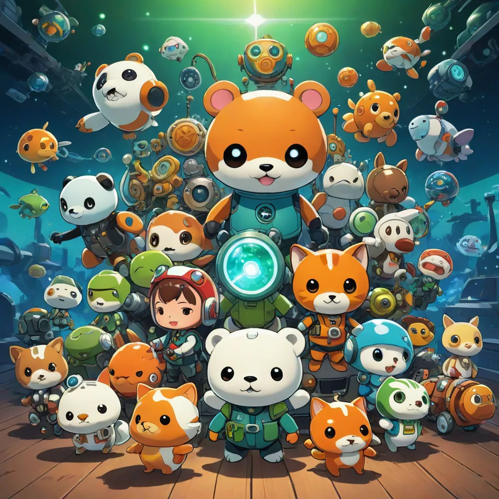 a bunch of animals that are in the air together with a background of fish and bubbles in the air, poster art, Fan Qi, sots art, key art