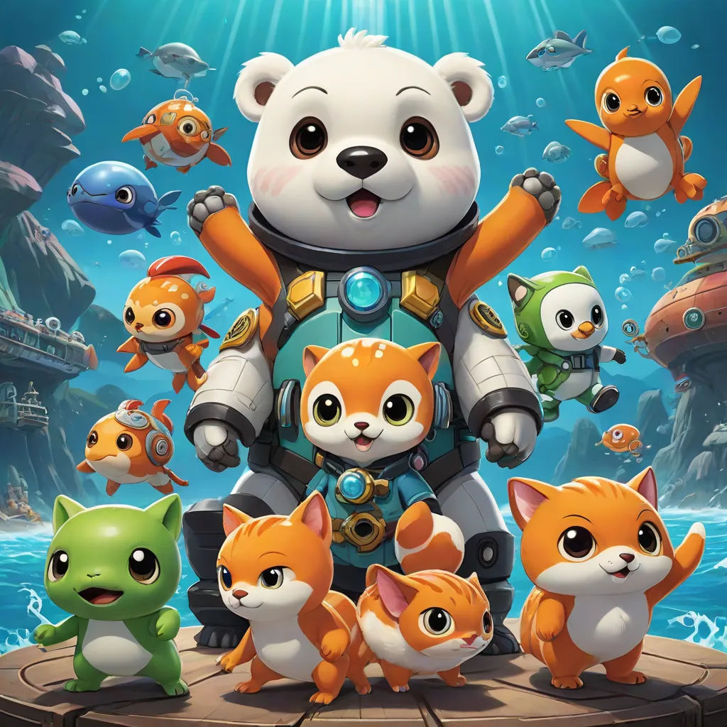 a cartoon character with many small animals around him and a bear on the bottom of a platform with fish, concept art, Fan Qi, sots art, splash art