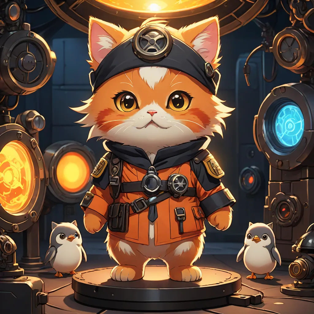a cat in a space suit standing next to a penguin and a clock with a light on it's face, a character portrait, Fan Qi, space art, splash art