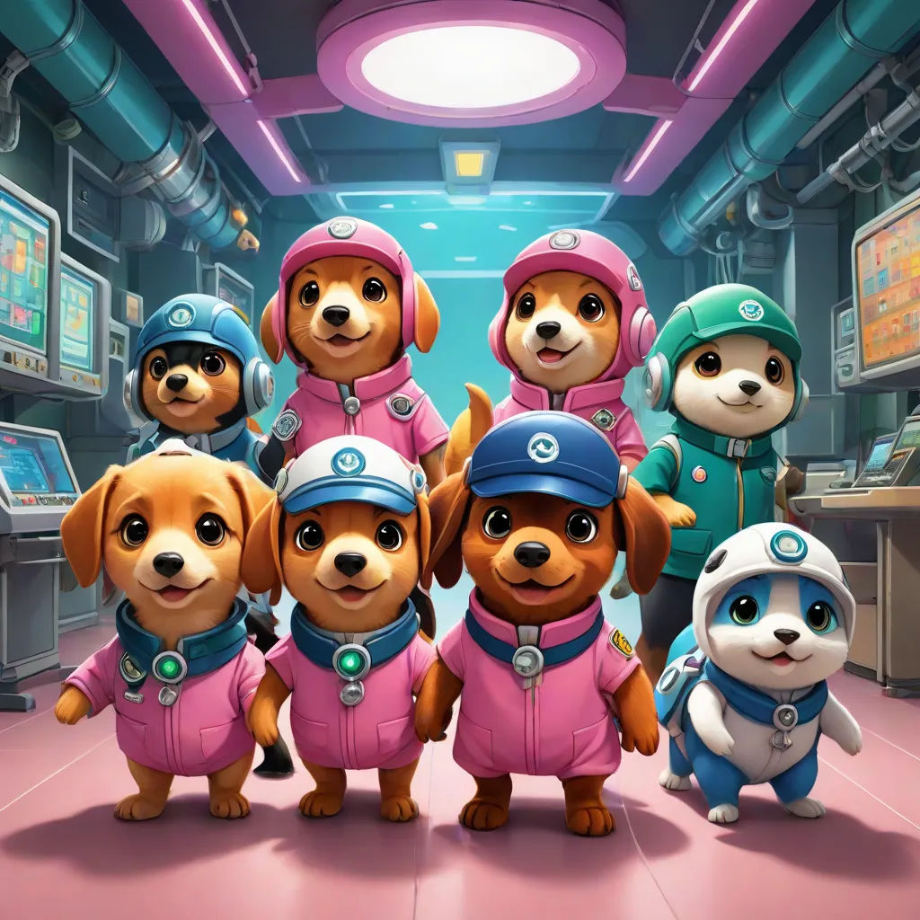 a group of dogs in pink outfits standing in a room with a tv screen in the background and a man in a green jacket, poster art, Beeple, sots art, key art