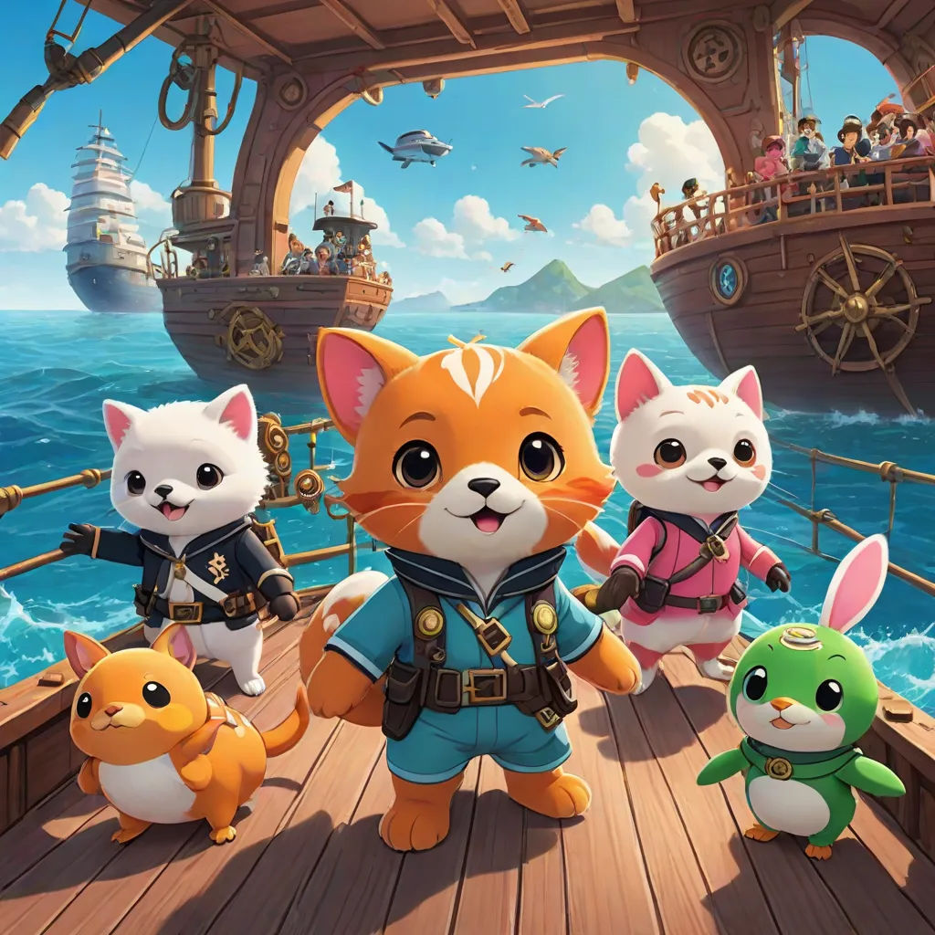 a group of cats standing on a boat in the ocean with a pirate ship in the background and a ship in the background, poster art, Du Jin, sots art, key art