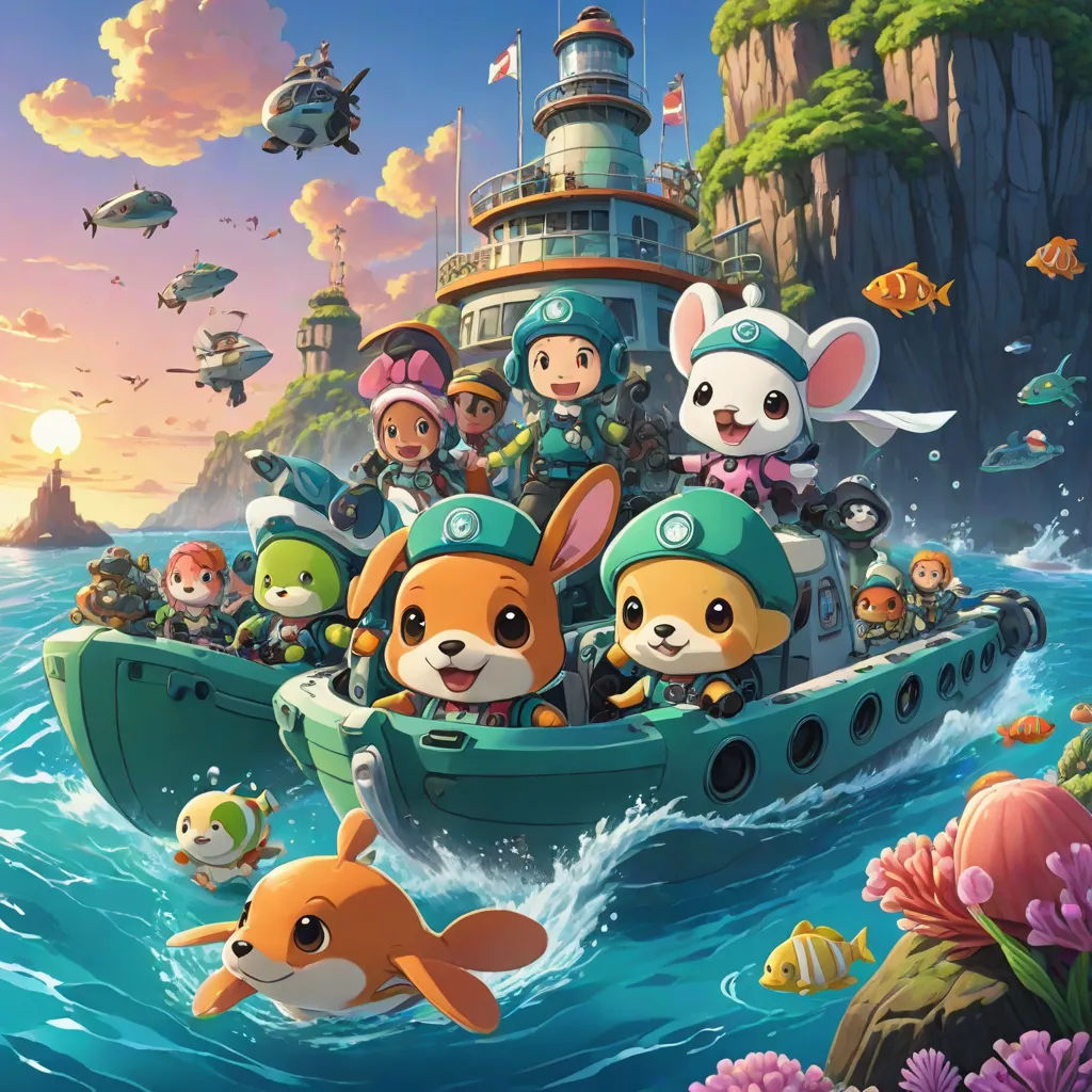 a cartoon of a boat full of animals and people in the water with a lighthouse in the background and a ship in the foreground, poster art, Bascove, sots art, key art