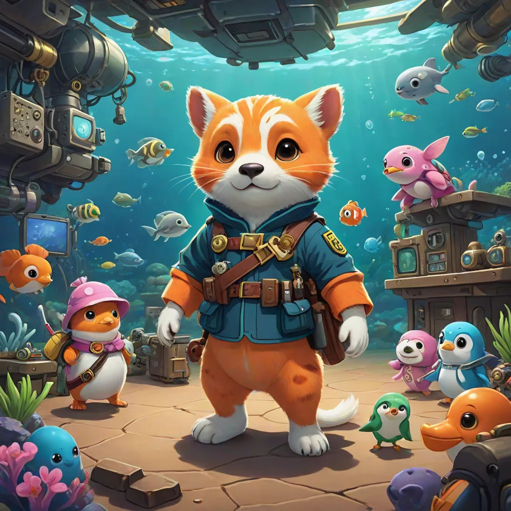 a cartoon character is standing in front of a group of fish and a ship in the background with a camera, concept art, Chris LaBrooy, sots art, game art