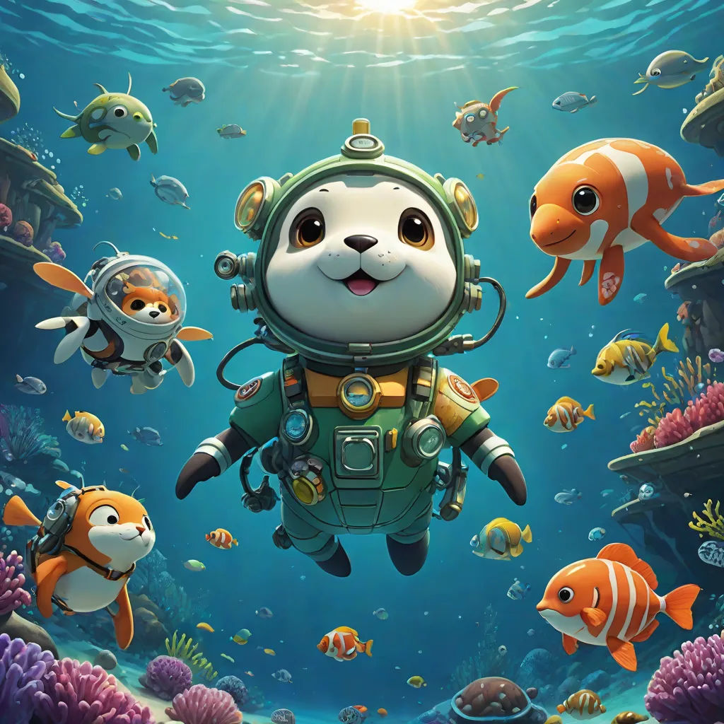 a panda in a diving suit surrounded by fish and other marine creatures in the ocean with sunlight shining through the water, a storybook illustration, Chris LaBrooy, space art, promotional image