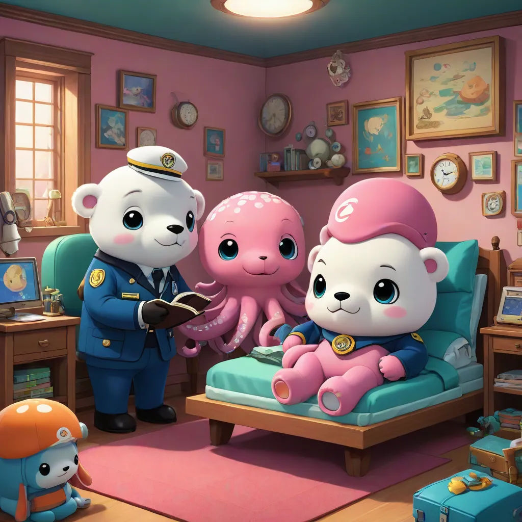 a couple of stuffed animals sitting on top of a bed in a room with pink walls and a pink rug, a storybook illustration, Chen Lin, pop surrealism, official art