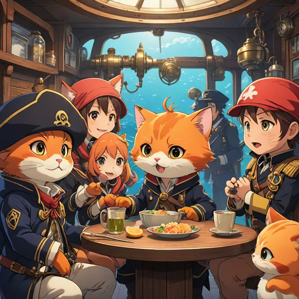 a group of cats sitting around a table with food on it and a cat standing next to them,, a poster, Akihiko Yoshida, sots art, official art