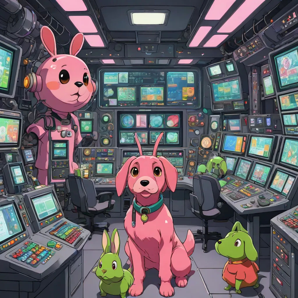 a pink dog sitting in front of a computer screen with a bunny and a dog on it's lap, concept art, Chris LaBrooy, furry art, official art