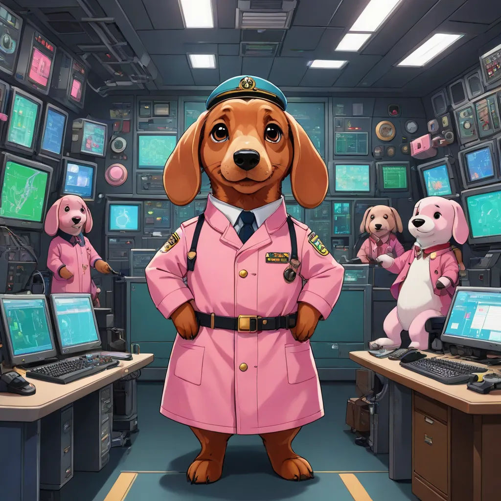 a dog in a pink uniform standing in front of a computer lab with a bunch of monitors and stuffed animals, a character portrait, Chris LaBrooy, sots art, official art
