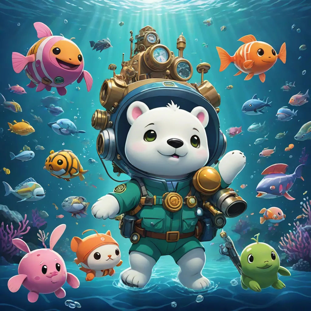 a cartoon character with a scuba suit and a scuba helmet on, surrounded by fish and a diver's mask, a character portrait, Cliff Childs, fantasy art, splash art