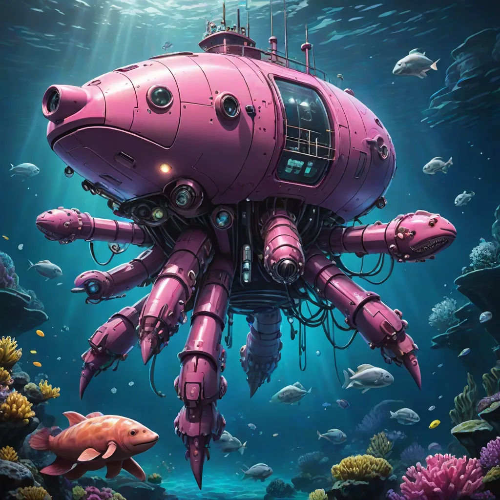 a pink submarine floating in the ocean with fish around it and a fish swimming around it's head, a digital rendering, Alejandro Burdisio, fantasy art, rossdraws global illumination