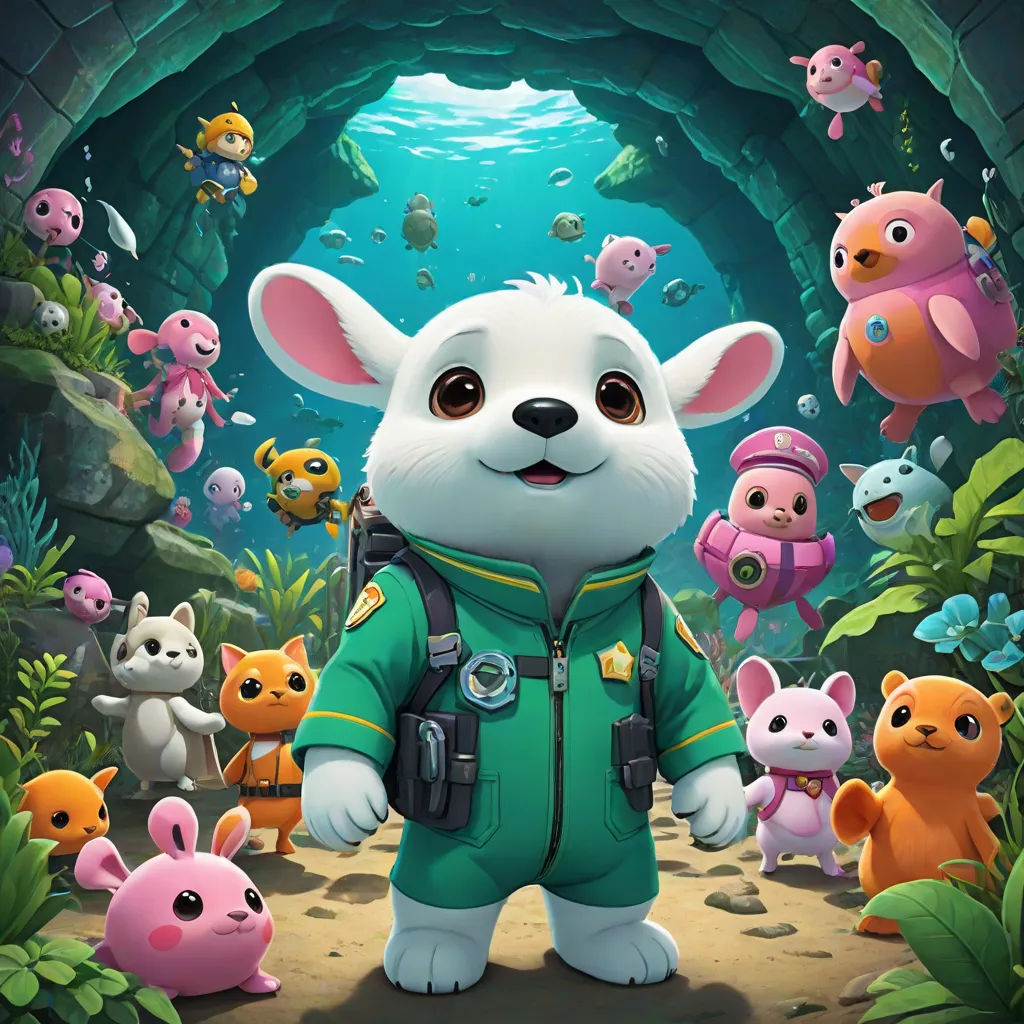 a cartoon character standing in front of a tunnel filled with animals and fish, with a scuba suit on, a character portrait, David Dougal Williams, furry art, promotional image