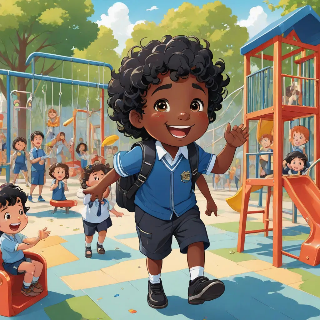 a cartoon of a boy in a school uniform playing in a playground with other children in the background and a playground with a play structure, paris school, a storybook illustration, Cedric Seaut (Keos Masons), official art