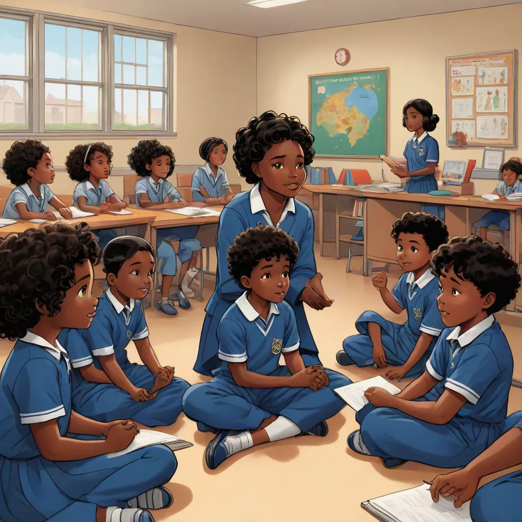 a group of children sitting in a classroom with a teacher in the background reading a book and a third child standing in the front of the room, harlem renaissance, a storybook illustration, Ella Guru, official art