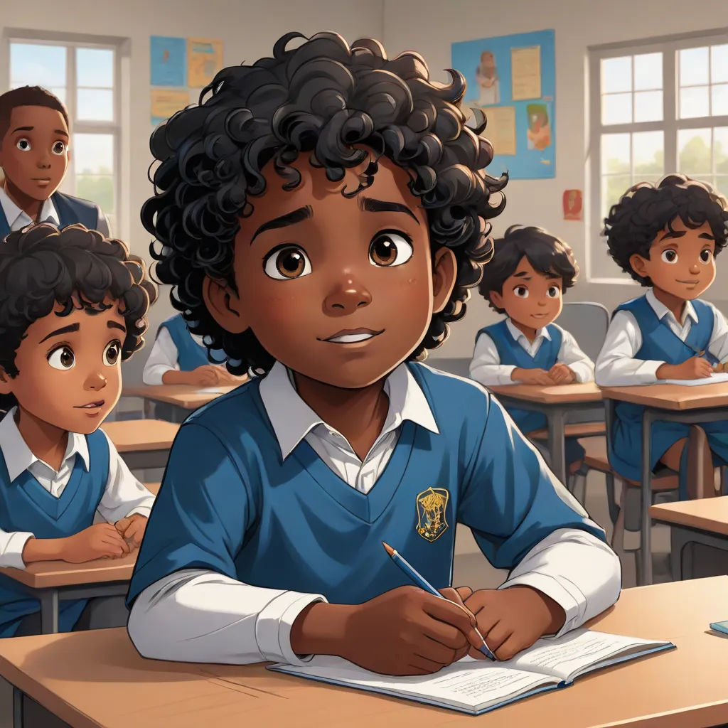 a cartoon of a boy sitting at a desk in a classroom with other children in the background and a teacher in the foreground, quito school, concept art, Cedric Seaut (Keos Masons), official art