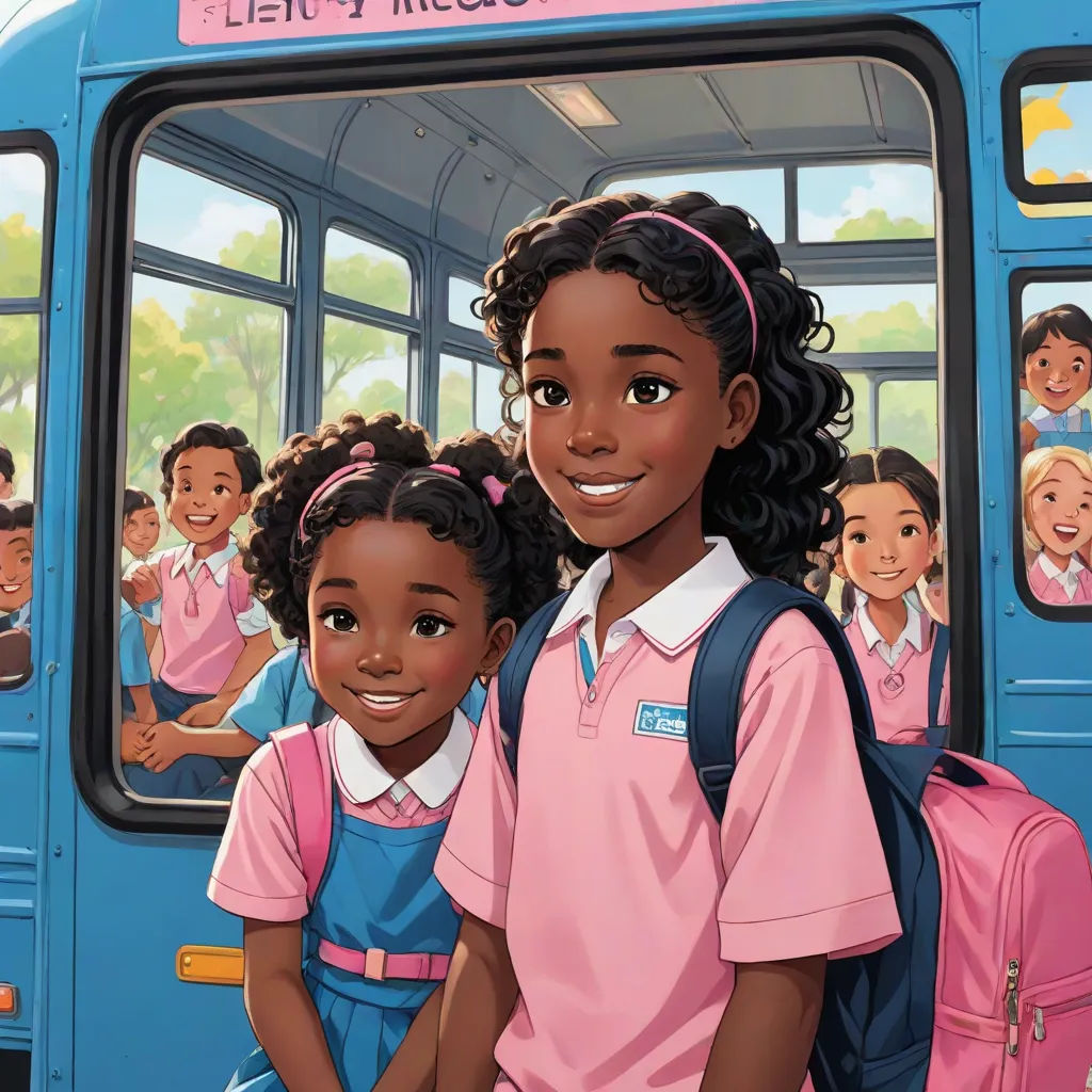a painting of two girls standing in front of a bus with school children on the side of the bus, magical realism, a storybook illustration, Chinwe Chukwuogo-Roy, official art