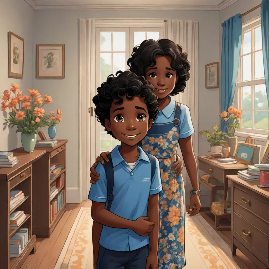 a cartoon of a mother and son in a room with a window and a desk with a flower arrangement, american scene painting, a storybook illustration, Cedric Seaut (Keos Masons), official art