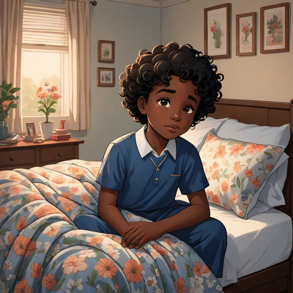 a cartoon of a young black girl sitting on a bed in a bedroom with a flowered comforter, american scene painting, a character portrait, Cedric Seaut (Keos Masons), official art