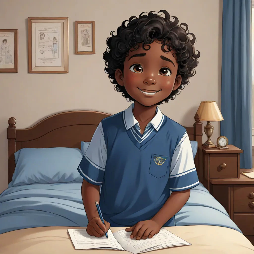 a cartoon boy in a blue shirt is sitting on a bed and writing in a book with a pen, sots art, concept art, Cedric Seaut (Keos Masons), official art