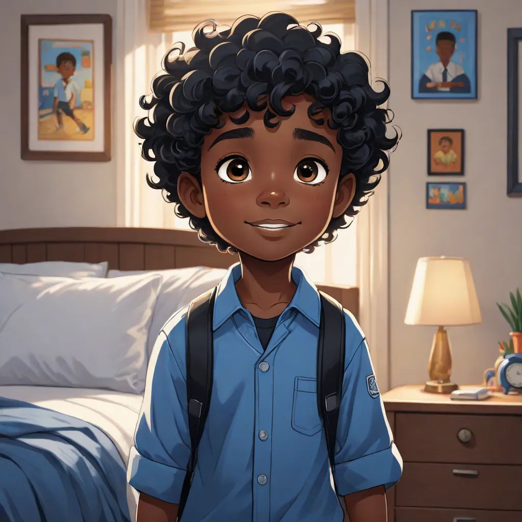 a cartoon boy with a backpack standing in a bedroom with a bed and a dresser with pictures on the wall, american scene painting, a character portrait, Cedric Seaut (Keos Masons), official art