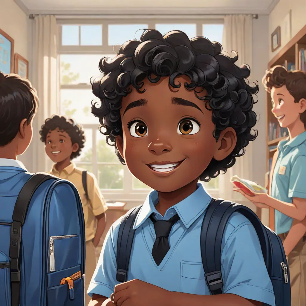 a boy in a school uniform is standing in a room with other boys in the background and a backpack on his shoulder, american scene painting, concept art, Chris LaBrooy, official art
