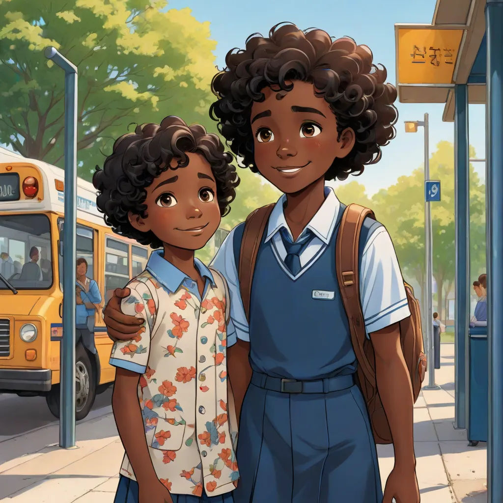 a couple of people standing next to each other on a street near a bus stop and a bus parked, afrofuturism, concept art, Brothers Hildebrandt, official art