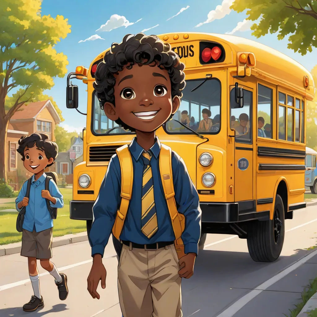 a boy and girl are standing in front of a school bus on the street, with a boy in a blue shirt and tie, american scene painting, a storybook illustration, Chris LaBrooy, official art