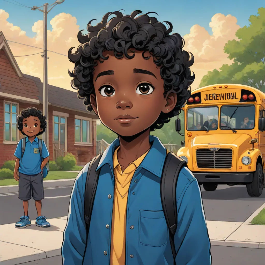 a boy with a backpack standing in front of a school bus on a street with a boy standing next to him, american scene painting, a storybook illustration, Everett Warner, official art
