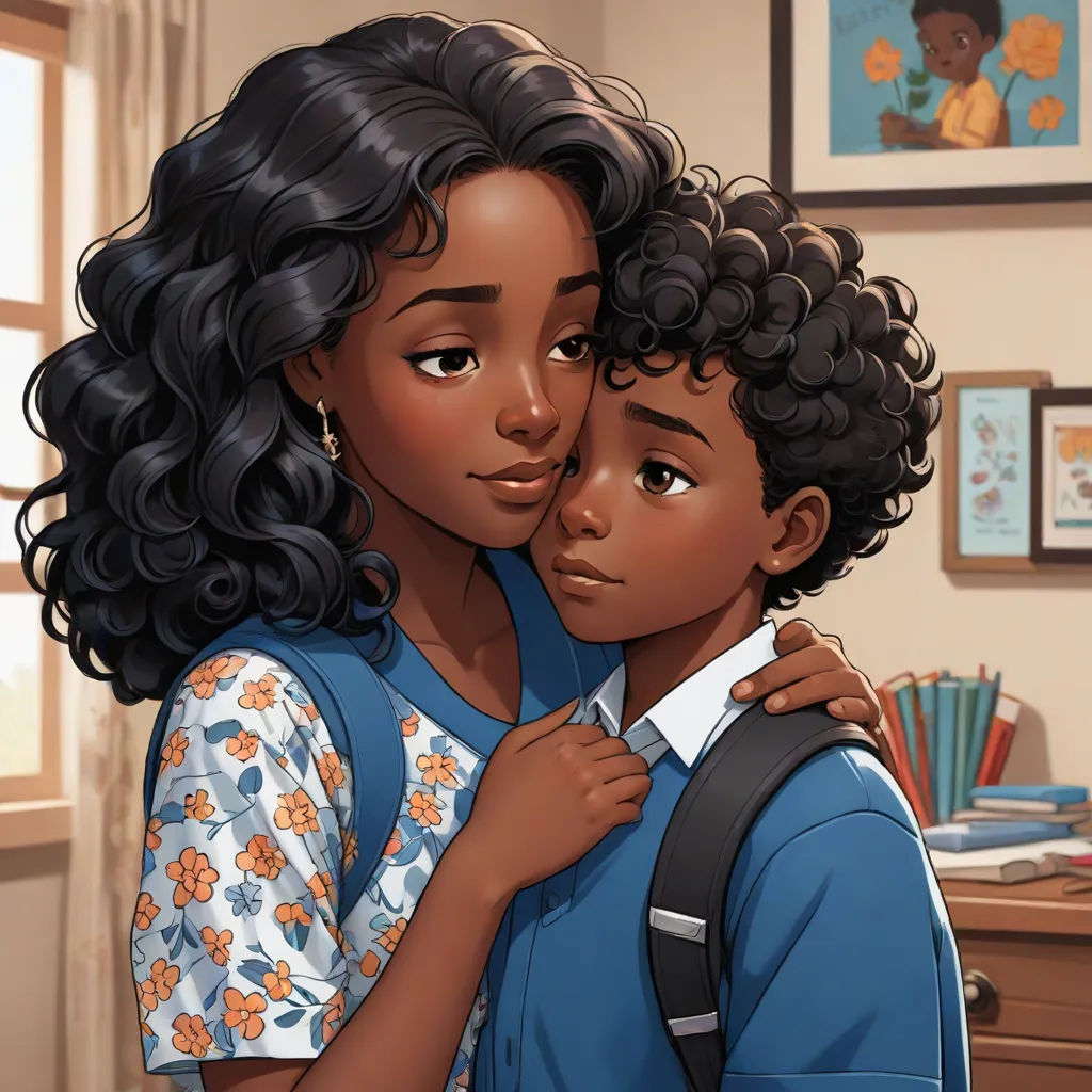a black woman hugging a child in a room with a window and a desk in the background, with a picture of a boy on the wall, harlem renaissance, concept art, Cedric Seaut (Keos Masons), official art
