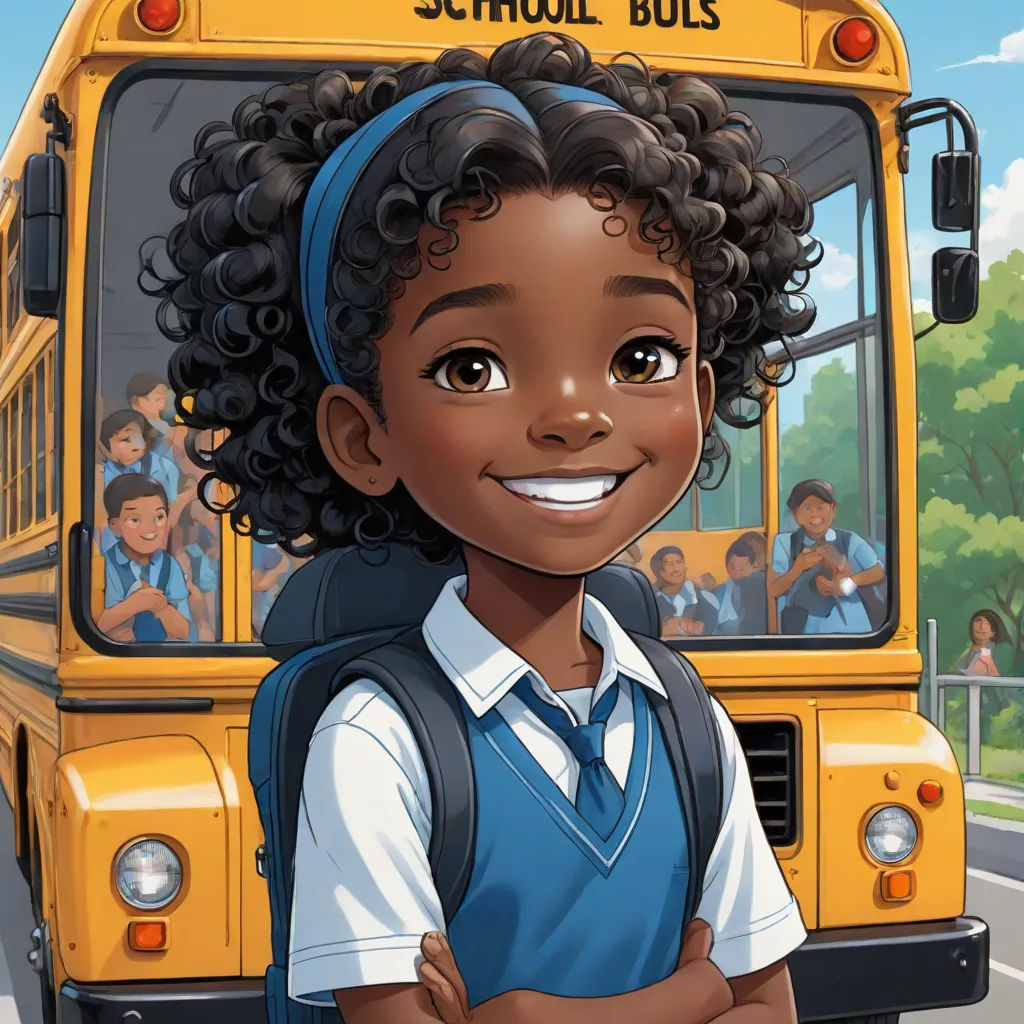 a cartoon girl standing in front of a school bus with her arms crossed and smiling at the camera, with a group of children in the background, photorealism, a storybook illustration, Alexis Simon Belle, official art