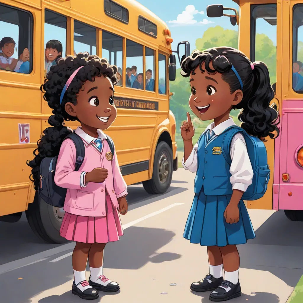 two young girls standing in front of a school bus talking to each other in front of a bus full of people, american scene painting, a storybook illustration, disney, official art