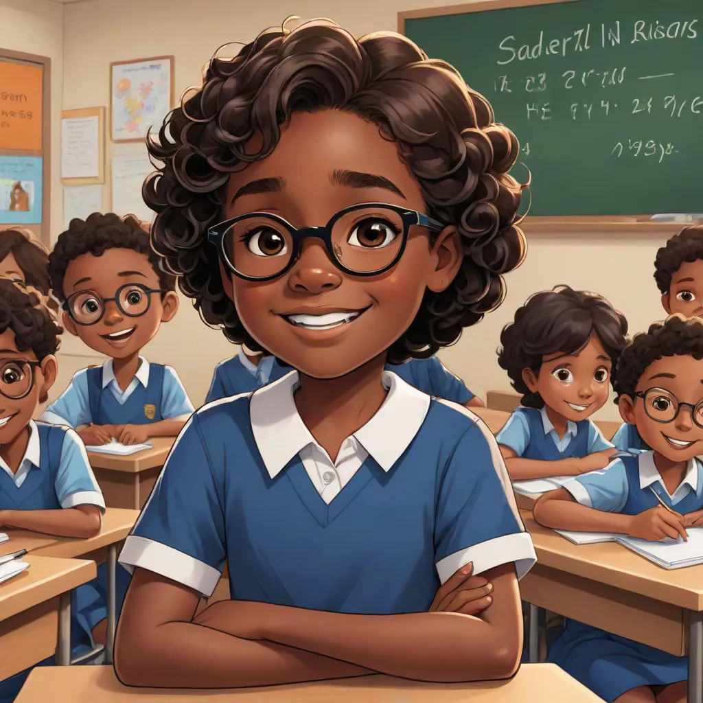 a cartoon of a girl in a classroom with her arms crossed and smiling at the camera with other children, quito school, concept art, Cedric Seaut (Keos Masons), official art