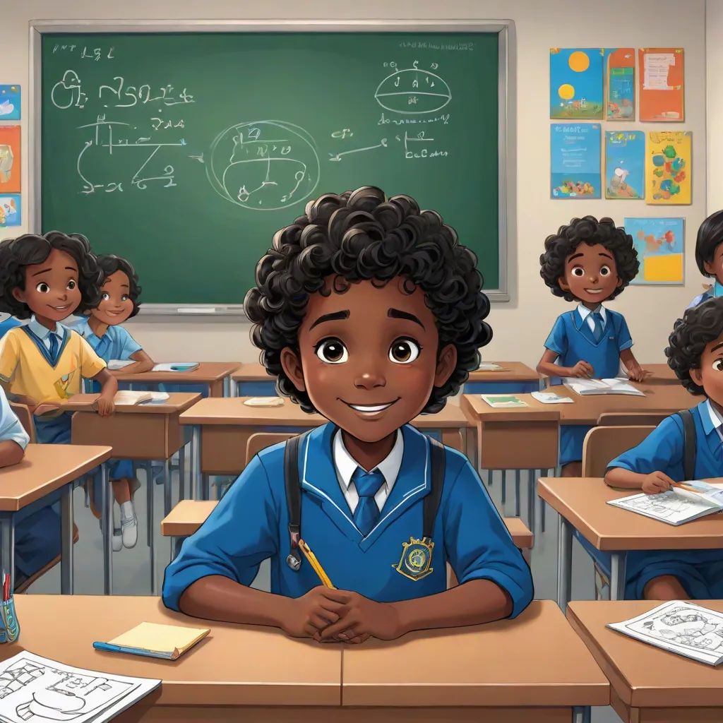 a cartoon of a boy in a classroom with other children in the background and a chalkboard with a drawing of a man on it, afrofuturism, concept art, Cedric Seaut (Keos Masons), official art