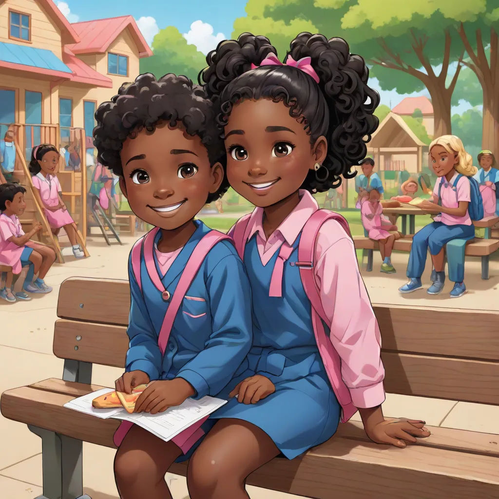 a couple of kids sitting on top of a bench next to each other on a park bench in front of a school, harlem renaissance, a storybook illustration, Chinwe Chukwuogo-Roy, official art