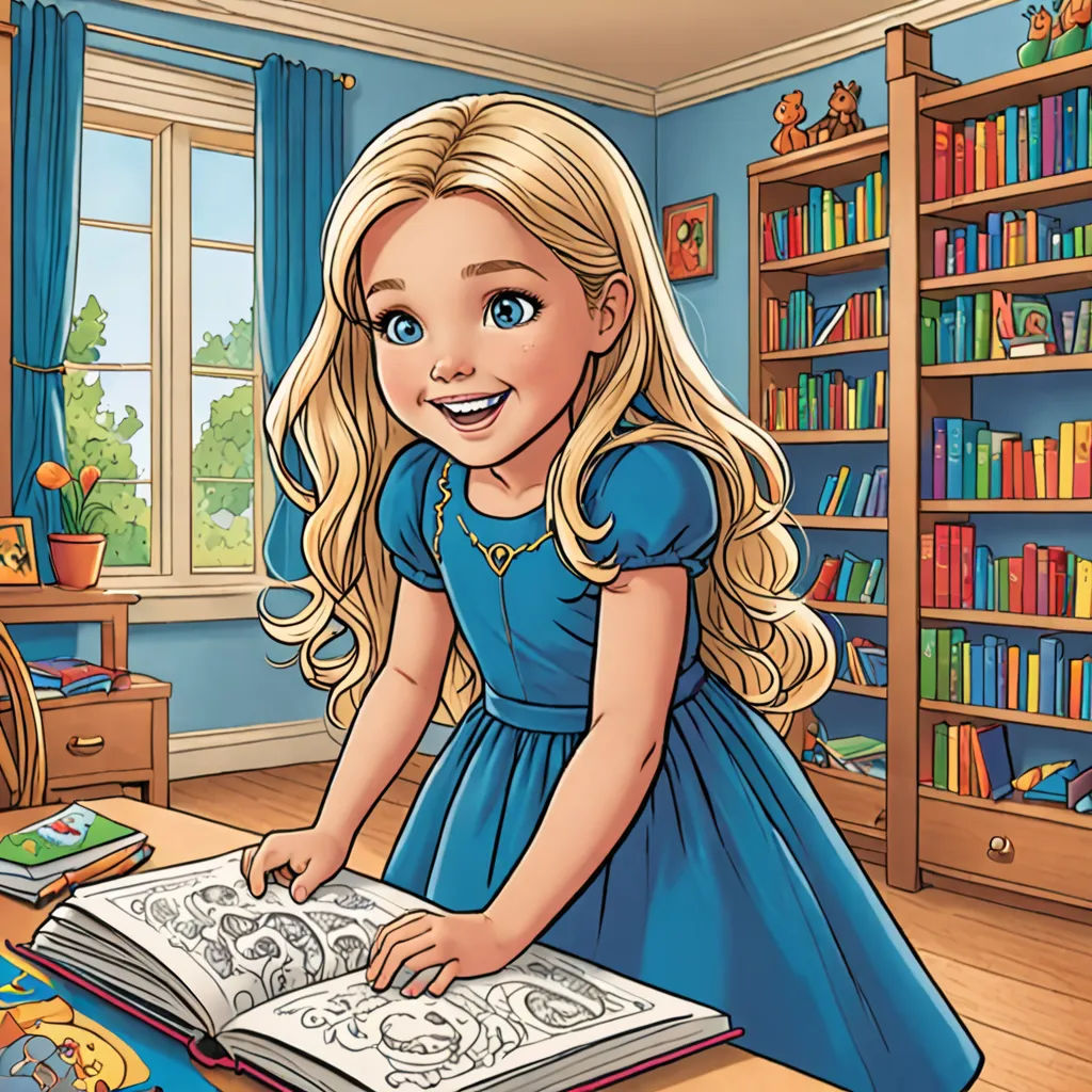 a cartoon girl reading a book in a room with a bookcase and a window with a blue curtain, lyco art, a storybook illustration, Esther Blaikie MacKinnon, storybook illustration