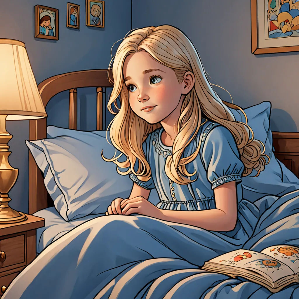 a little girl laying in bed with a book in her hand and a lamp on the side table beside her, photorealism, a storybook illustration, Cliff Childs, rossdraws global illumination