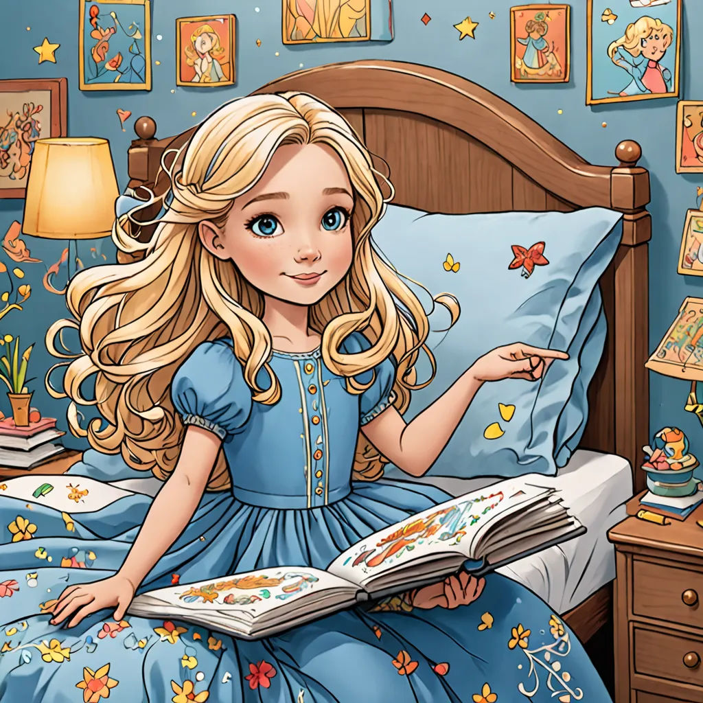 a girl in a blue dress reading a book in her bed with a blue wall and a wooden headboard, magical realism, a storybook illustration, Alice Prin, storybook illustration