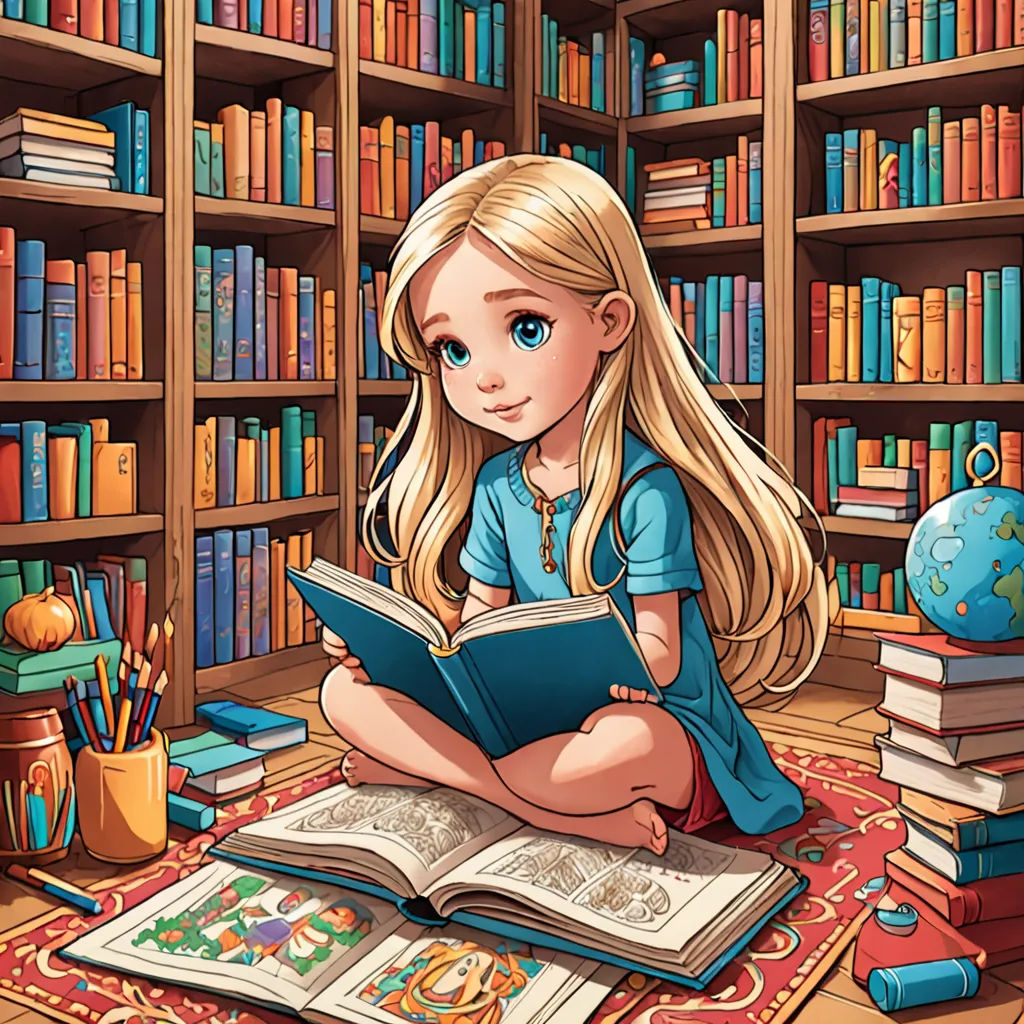 a girl sitting on the floor reading a book in a library with bookshelves full of books behind her, fantasy art, a storybook illustration, Alice Prin, storybook illustration
