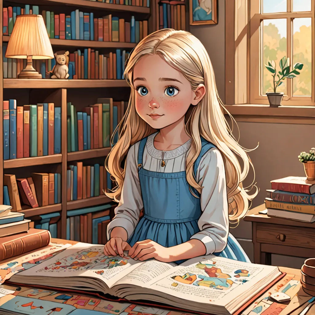 a little girl sitting at a table with a book in front of her and a lamp on the table, fantasy art, a storybook illustration, Alice Prin, storybook illustration