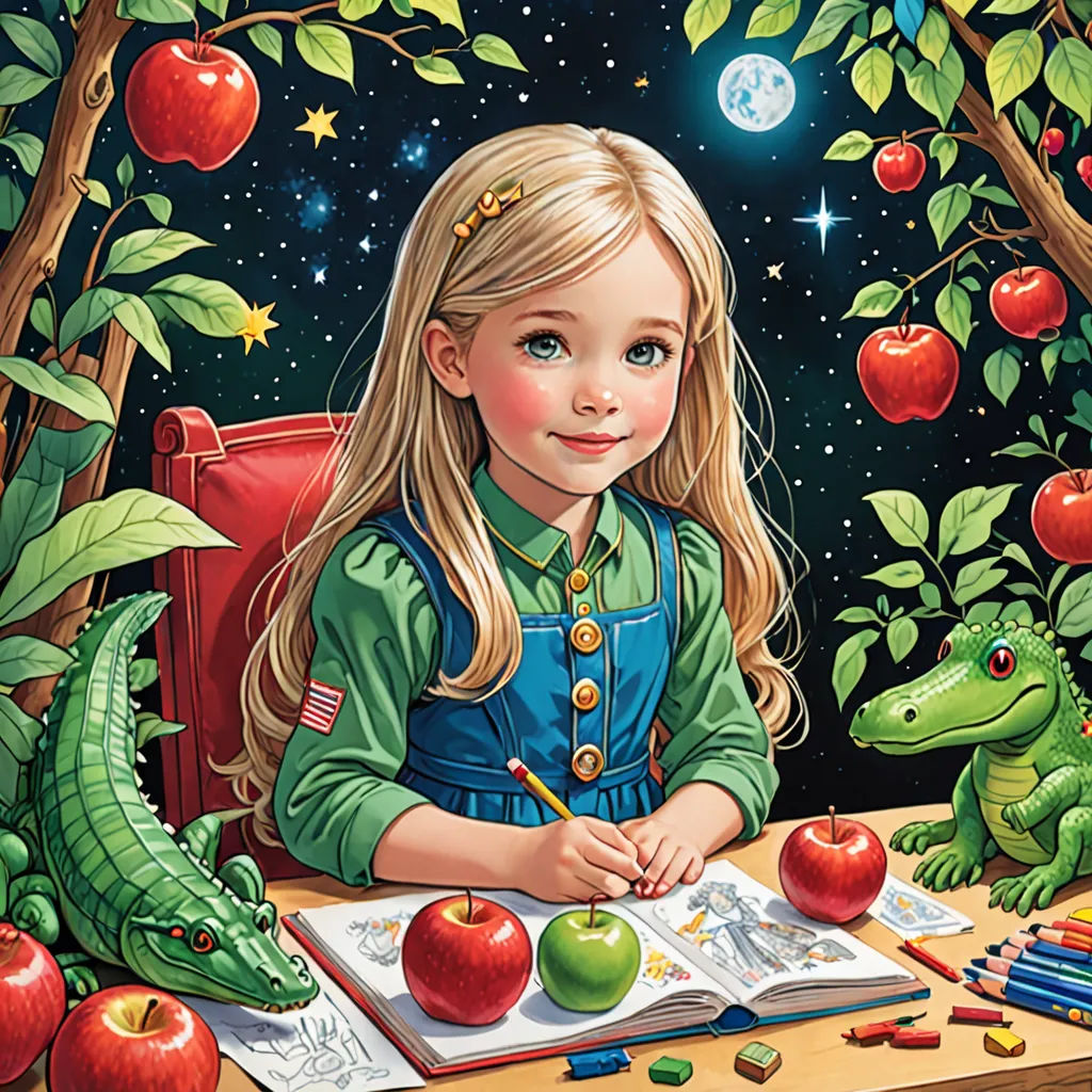a painting of a girl sitting at a desk with an open book and two alligators nearby, and a green dragon and apple tree, pop surrealism, a storybook illustration, Bob Byerley, storybook illustration