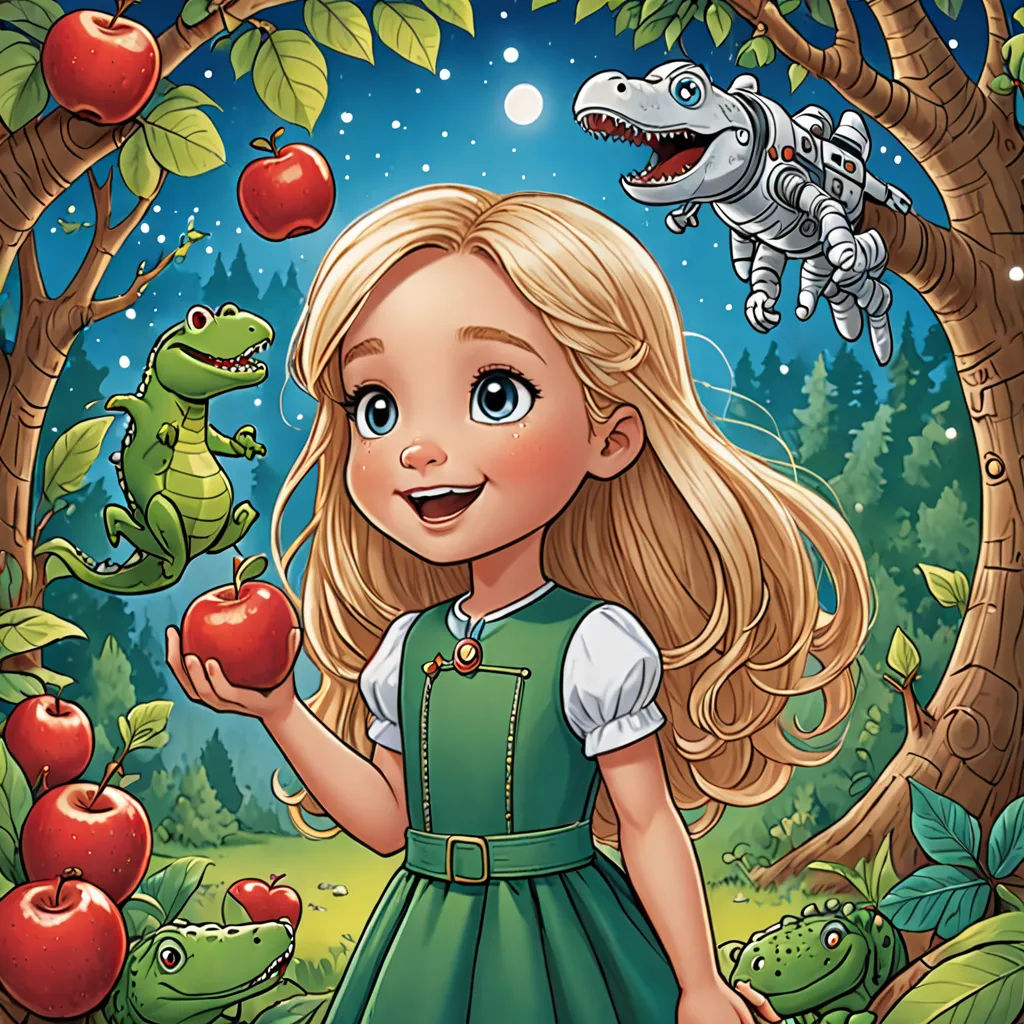 a girl in a green dress holding an apple in front of a forest with dinosaurs and a dragon on it, pop surrealism, a storybook illustration, Cliff Childs, storybook illustration