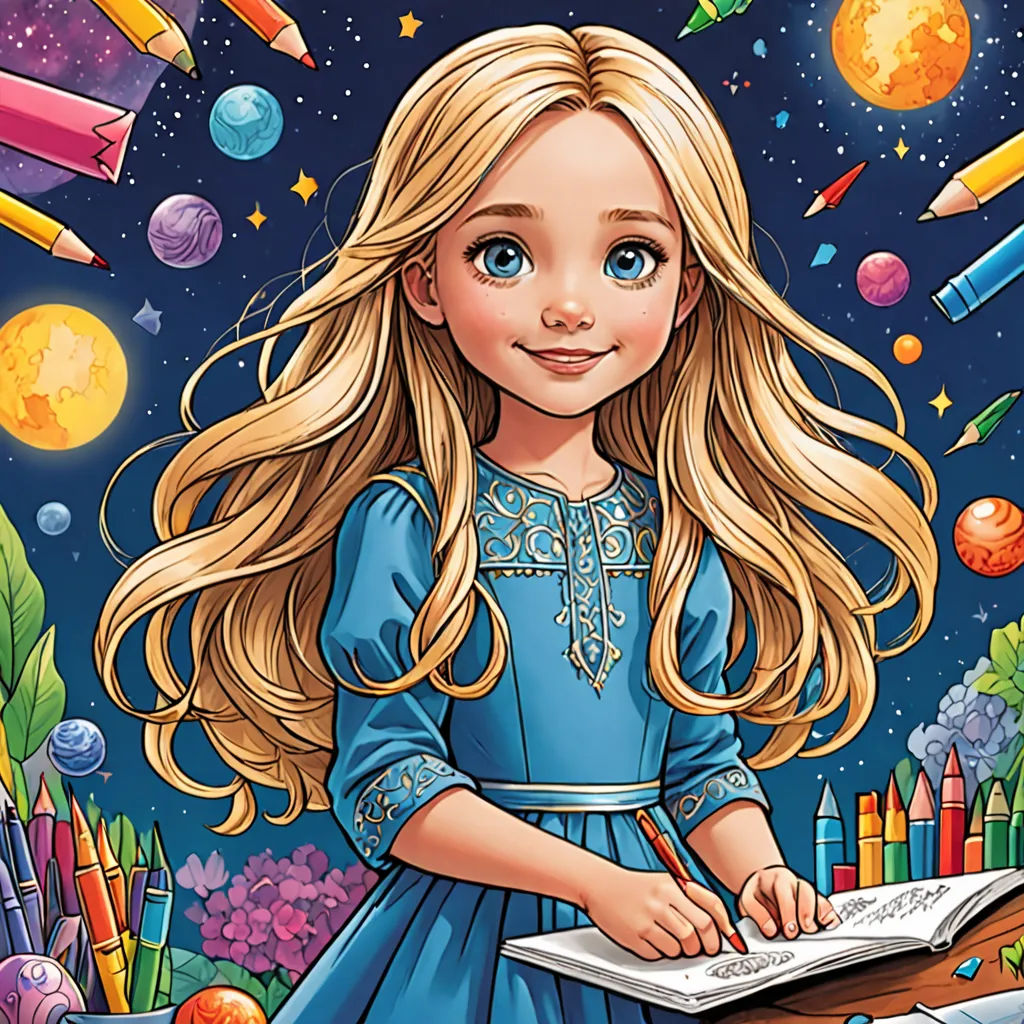 a girl is writing on a book with crayons and stars in the background and a space full of crayons, space art, a storybook illustration, artist, highly detailed digital painting
