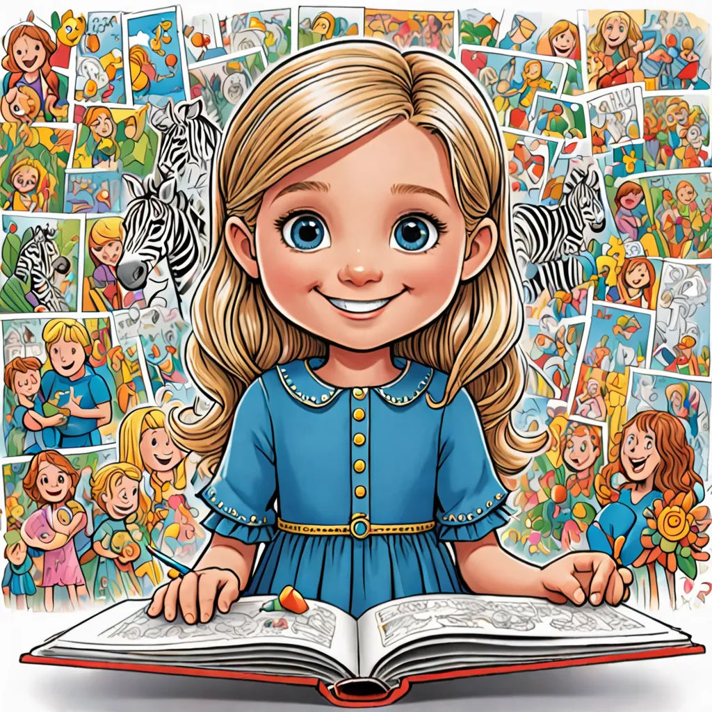 a cartoon girl is reading a book with pictures of children around her and smiling at the camera with a smile, lyco art, a storybook illustration, Elinor Proby Adams, storybook illustration