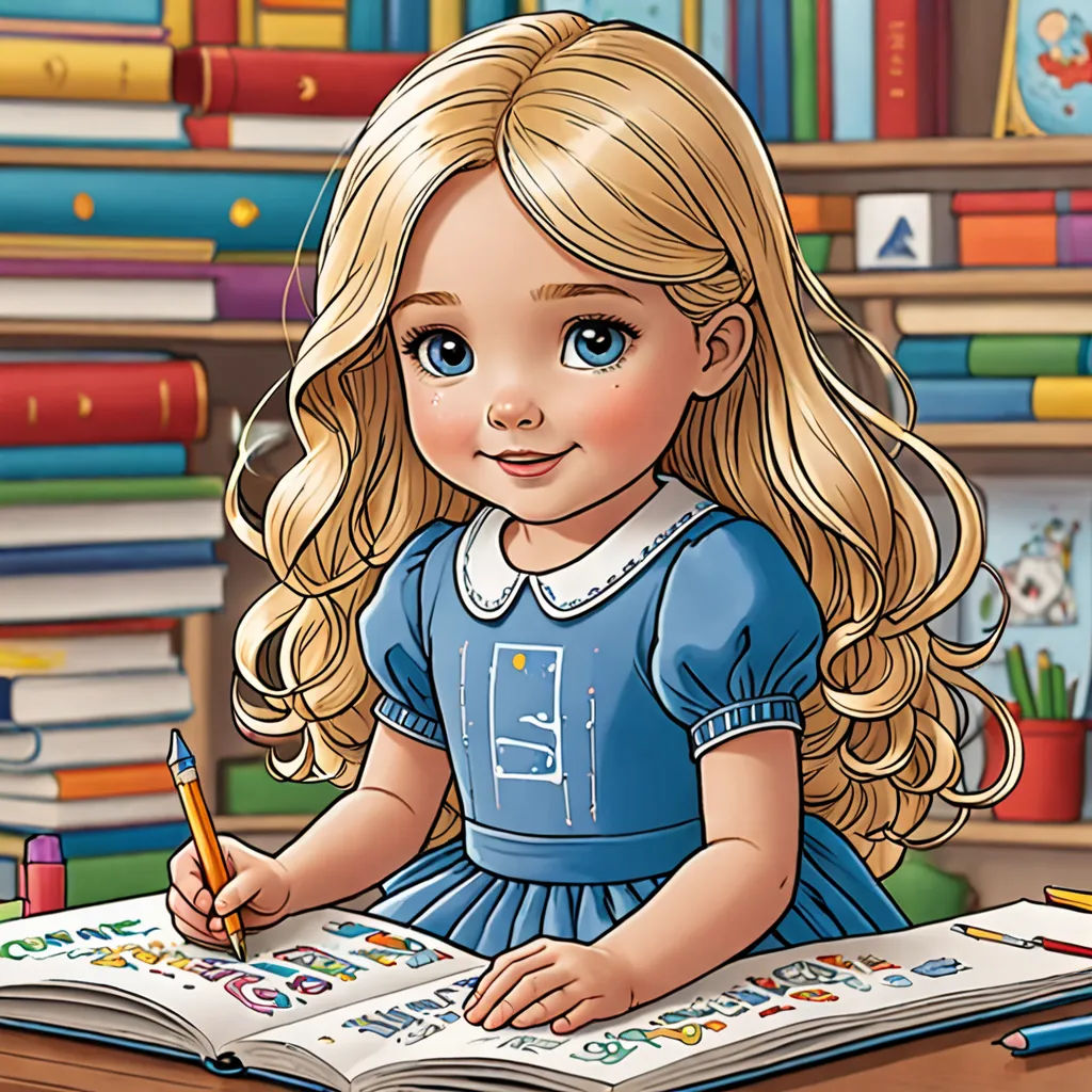 a cartoon girl sitting at a desk with a book and pencil in her hand and a book on the desk, lyco art, a storybook illustration, Alice Prin, storybook illustration