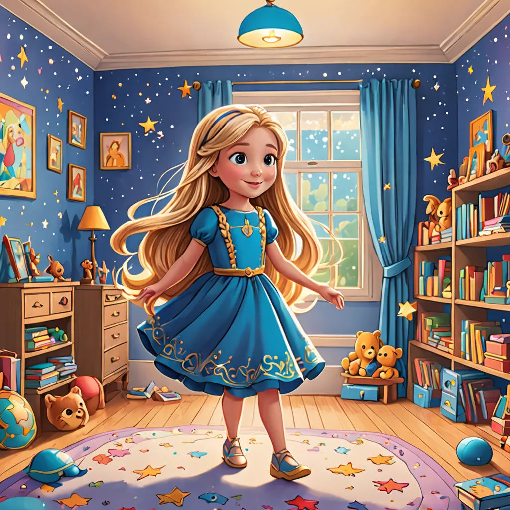 a cartoon girl in a blue dress in a room with a teddy bear and a window with stars and a teddy bear, magical realism, a storybook illustration, Alice Prin, storybook illustration